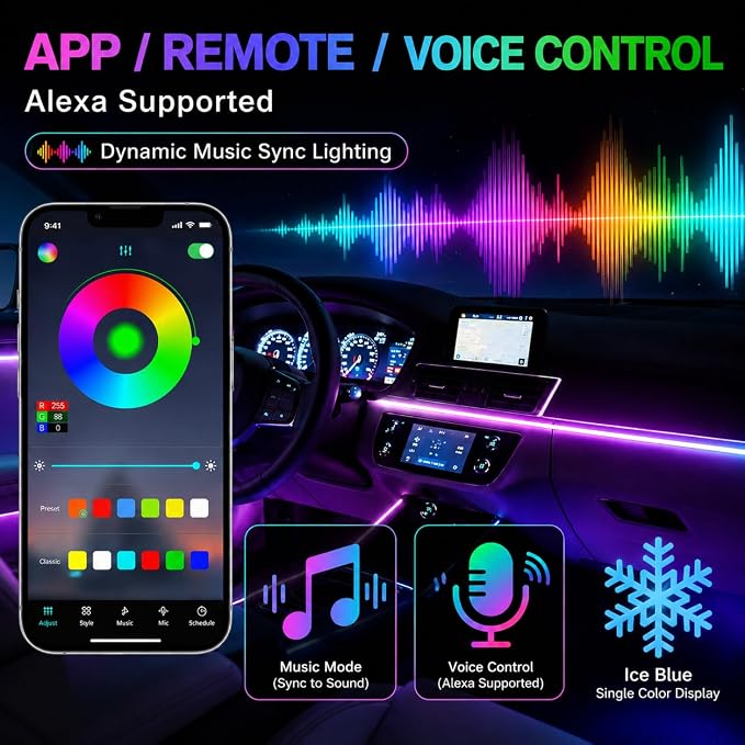 Acrylic Interior Car Ambient Lighting Kits, LED Strip Lights with Wireless APP, Neon Fiber Optic Lights Function LED Strip for Car with Music Modes (10 in 1)