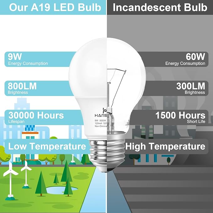 4 Pack A19 LED Light Bulbs, 60W Equivalent, Daylight Light 5000K LED Bulb with E26 Standard Base, Efficient 9W, Non-Dimmable, 800 Lumens, 120V, CRI 85, Eye-Friendly for Bedroom Living Room