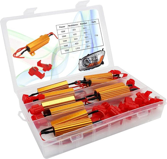 10Pcs 50W 3/6/8/9/12 Ohm 12V Led Load Resistors, Resistors for LED Lights, Led Load Equalizer, for Turn Signal Lights & Tail Lights, Fix Hyper Flash Blink Error, with 20pcs Quick Wire Clip