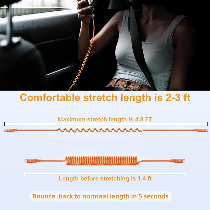 USB C to C Cable 3FT, 2Pack Coiled USB C Fast Charging Cable for CarPlay | iPhone USB-C Cable/Android Auto USB C Cord, USB Type-C Cable for iPhone 17/16/15/Pro Max/Plus/Galaxy S26 S25 and More-Orange