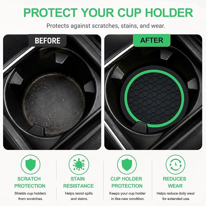 4PCS Car Cup Holder Coasters - 2.75 Inch Non-Slip Insert Water Bottle Holder Pads, Dustproof Automotive Interior Accessories Mat, Universal for Vehicles, Trucks, RVs (Green)