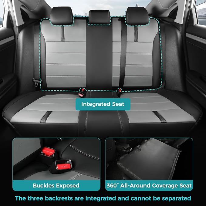 Seat Covers for Honda Civic Sedan LX 2016 2017 2018 2019 2020 2021, Faux Leather Car Seats Cover Full Set Waterproof, Black Grey (Solid Rear Seatback - No Rear Armrest)