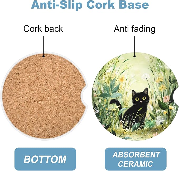2 Pack Car Cup Holder Coaster, 2.63 inch Anti Slip Insert Absorbent Ceramic Car Coaster with Cork Base and Finger Notch, Cute Car Accessories Interior for Women, Cute Car Coasters.