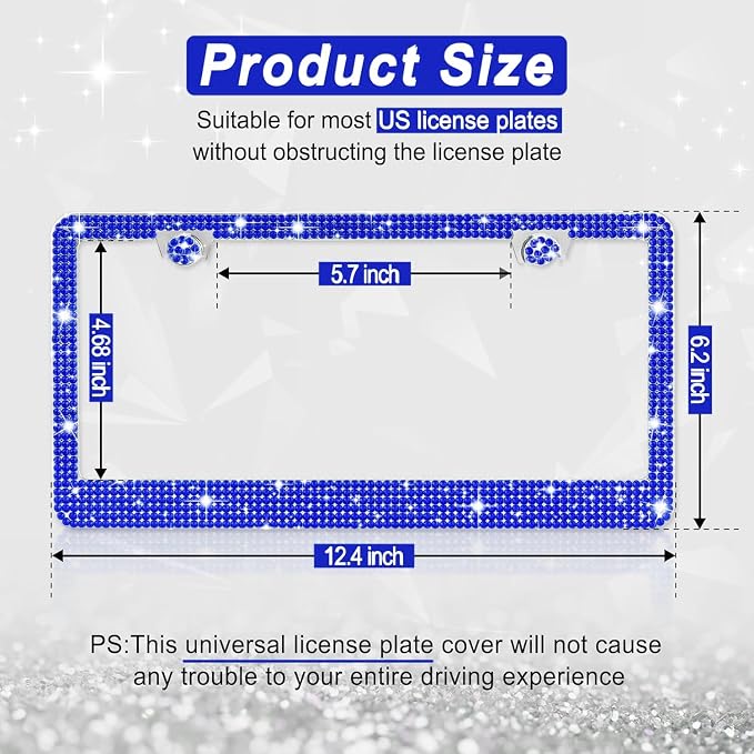 Amiss Bling License Plate Frame for Women, 2Pack Rhinestone Handcrafted Crystal Premium Stainless Steel, Stainless Steel Car Decorative Accessories with Diamond Sparkle Glitter Caps (Blue)