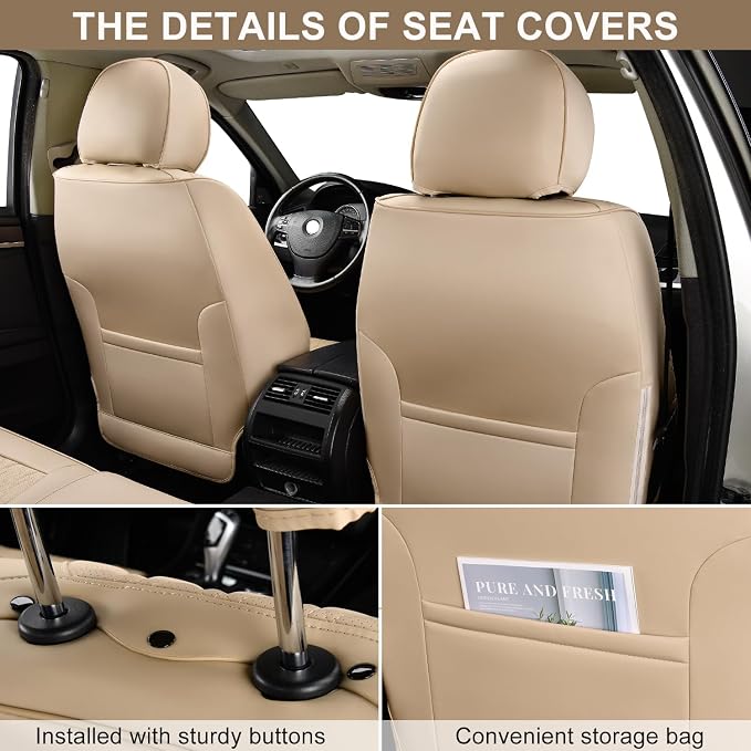Car Seat Covers Front Pair, Breathable Leather Automotive Front Seat Covers with Headrest, Universal Automotive Vehicle Seat Cover for Most Sedan SUV Pick-up Trucks, Beige