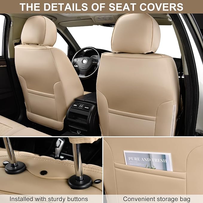 Car Seat Covers Full Set, Breathable Leather Automotive Front and Rear Seat Covers, Car Seat Protectors Full Set,Universal Automotive Vehicle Seat Cover for Most Sedan SUV Pick-up Trucks, Beige