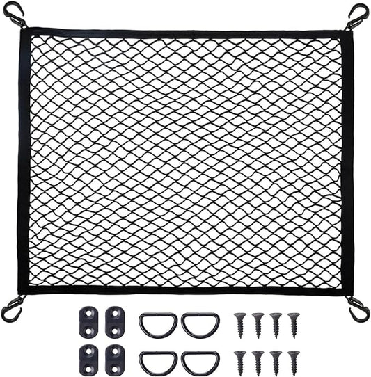 Cargo Net Car with Hooks Adjustable Highly Elastic Storage Organizer Net | Cargo Net for SUV, Pickup Trucks,Mesh Organizer 2.6'x2' Stretches to 5'x4',Road Trip Essentials Black
