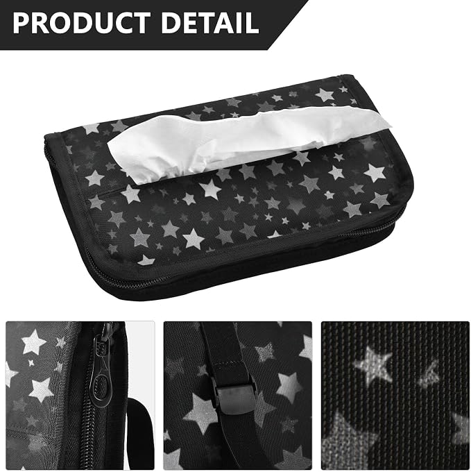 Car Tissue Holder Car Napkin Holder Car Tissue Box Dispenser Storage Case Sun Visor Mask Holder with Adjustable Straps Reusable Refillable Cute Silver and Gray Stars