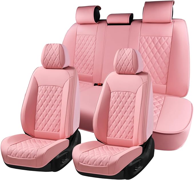 Huidasource Pink Seat Covers, Nappa Leather Car Seat Covers, Velcro Adjustable, Compatible with Airbags, Child Seat, Seat Belts, Fit for Most Cars, Vans, Trucks, SUVs (Full Set/Pink)