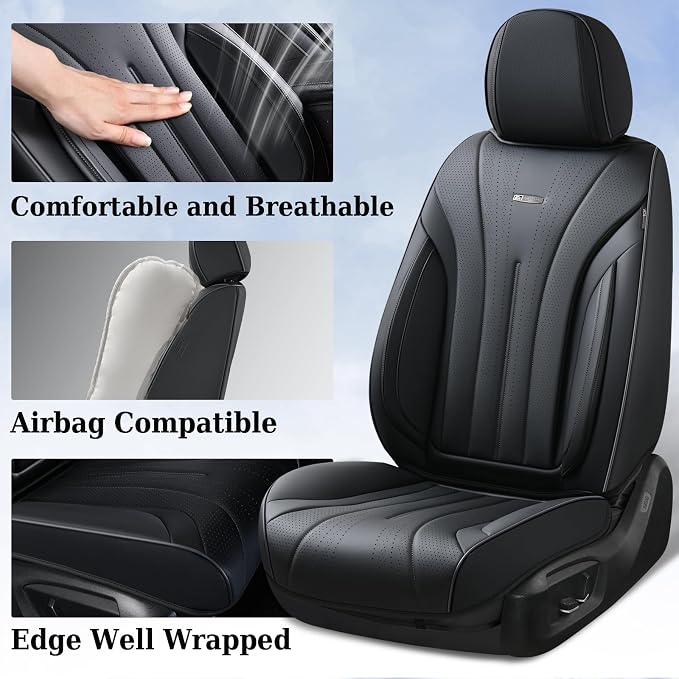Coverado Car Seat Covers Full Set, Black Leather Seat Cover for Cars, Luxury Waterproof Seat Cover, Front and Back Car Seat Protector Car Seat Cushion Universal Fit for Most Cars
