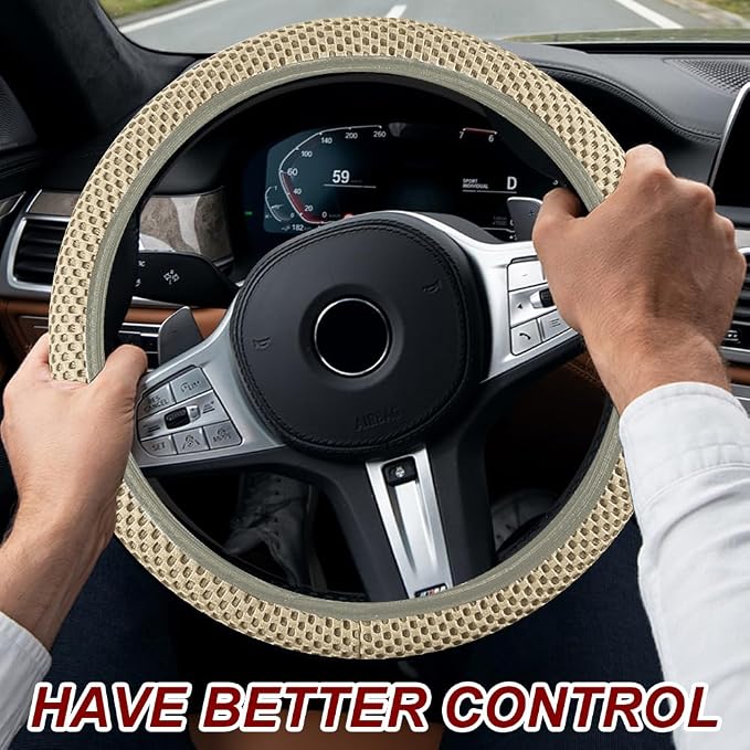 Breathable Elastic Steering Wheel Cover,15 Inch Stretch Steering Wheel Protector,Microfiber Ice Silk Anti-Slip Car Wheel Cover,Odorless Comfort Grip Interior Accessory for Cars SUV Truck（Beige）