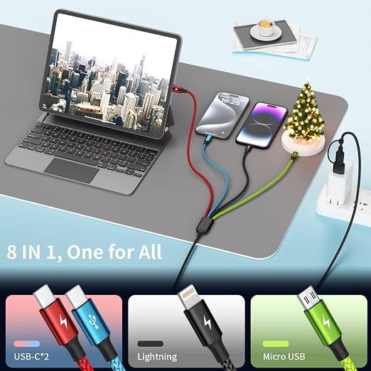 4 in 2 Multi Charging Cable, 3 Pack 5FT Charging Cord for Multiple Devices | USB C Charging Cable with Dual Type-C, IP & Micro Ports, Nylon Braided Multi Device Charger Cord for Travel and Car