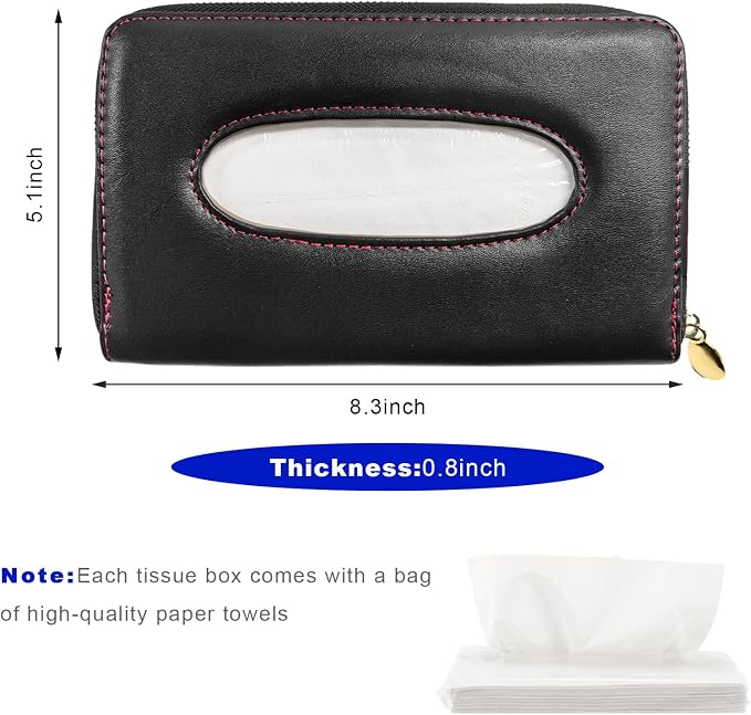 Car Tissue Holder, PU Leather Auto Sun Visor Tissue Case Napkin Holder with Zipper, Rectangular Mask Dispenser Hanging Paper Towel Organizer for Cars SUVs Trucks RVs (Black)