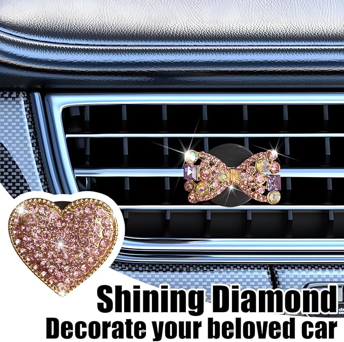 Bling Car Air Vent Clip, 2PCS Crystal Rhinestone Diamond Automotive Heart Shape Clip Charm, Cute Sparkling Vehicle Interior Decoration Accessories, Universal for SUV Sedan Trucks (Pink)