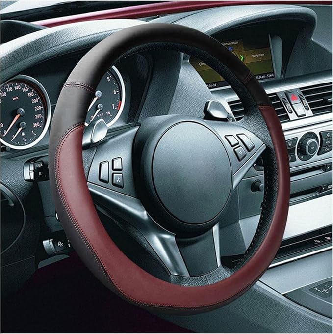 LAINLOY 15" Car Steering Wheel Cover, Microfiber Leather Cover, Burgundy | Anti-Slip Breathable Steering Wheel Decoration, Universal Steering Wheel Accessories for Diverse Cars