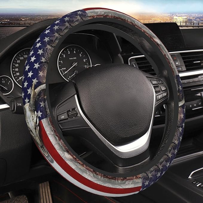 Camouflage Deer American Flag Steering Wheel Cover for Men | Anti-Slip Elastic Breathable Soft Rubber Car Steering Wheel Protective Cover, Universal 15 Inch Fit for Cars, Auto, SUVs