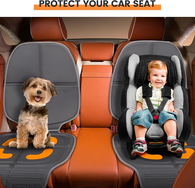 HEYTRIP Car Seat Protector, 2 Packs, Rear-Facing/Forward Facing Car Seat Mat for 0~12 Years Old Children, Waterproof, Easy Cleanup, Non-Slip, Fit Most Car Seats(Dark Grey Orange)