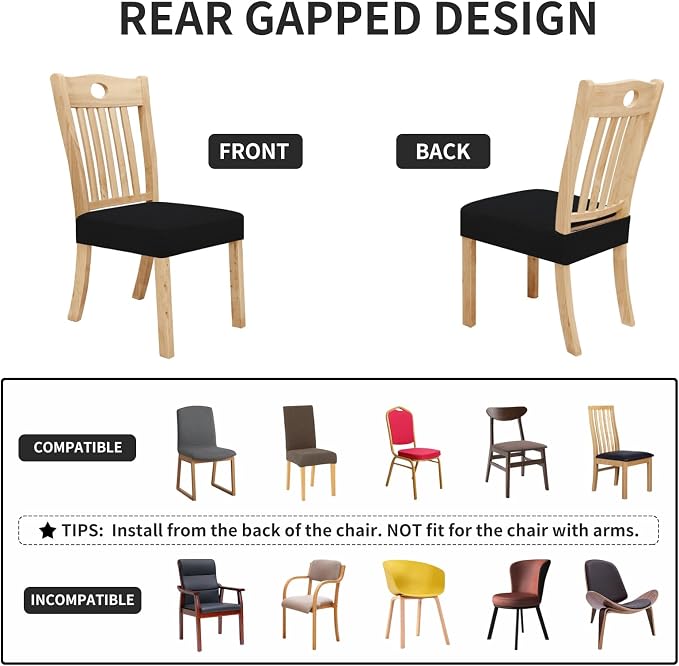 Easy-Going 100% Waterproof Seat Covers for Dining Room Chairs, Stretch Jacquard Chair Seat Slipcovers Removable and Washable Kitchen Dining Chair Covers (Set of 8, Black)