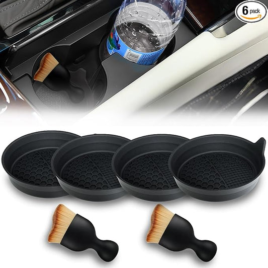Car Cup Coasters, Silicone Cup Holder Insert (4 Pack) with Auto Detail Brush (2 Pack), Non-Slip Raised Edge Spill Guard Car Interior Accessories, Universal for SUV, Sedan, Truck (Black)