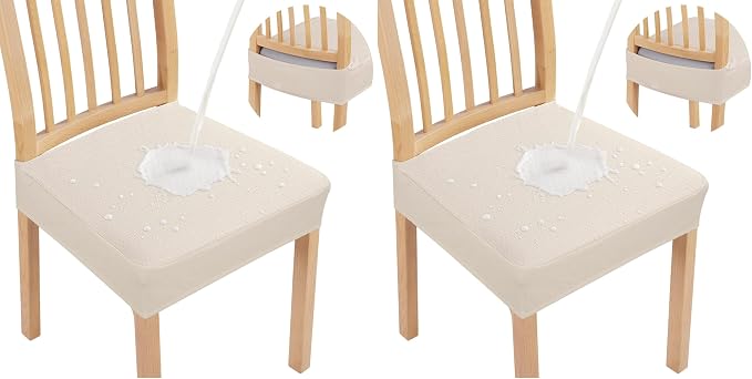 Smiry Waterproof Seat Covers for Dining Room Chairs Set of 4, Stretch Jacquard Removable Washable Chair Seat Slipcovers Protector, No Rear Covers, Beige (Pack of 2)