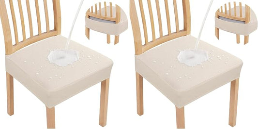 Smiry Waterproof Seat Covers for Dining Room Chairs Set of 4, Stretch Jacquard Removable Washable Chair Seat Slipcovers Protector, No Rear Covers, Beige (Pack of 2)