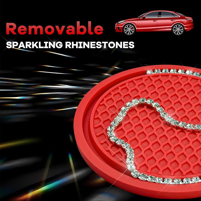 2PCS Bling Car Cup Coaster, 2.69 Inch Anti-Slip Auto Cup Holder Drink Mat w/Crystal Rhinestones, Universal Shiny Diamond Vehicle Insert Coasters Cups Mats for Women (Red & White)