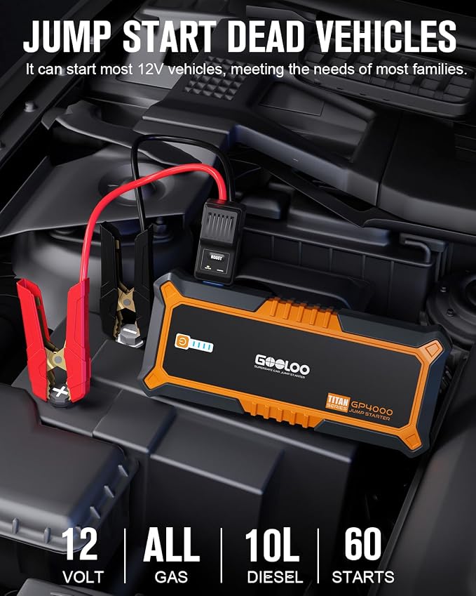 GOOLOO 4000A Peak Car Jump Starter 12V Auto Battery Booster SuperSafe Lithium Jump Box for All Gas, Up to 10.0L Diesel Engine, Portable Power Pack with USB Quick Charge and Type C Port, Orange