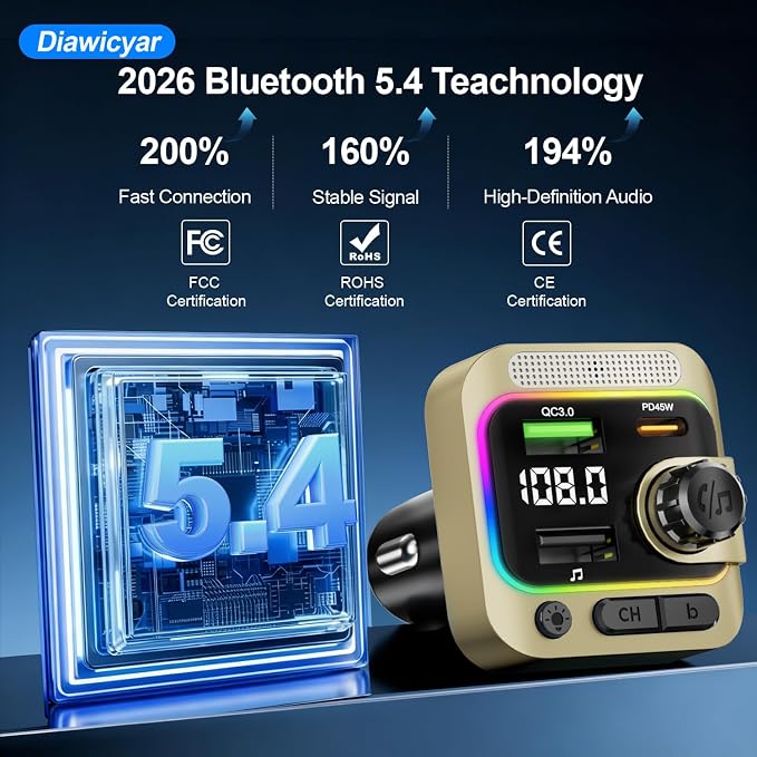 63W FM Transmitter Bluetooth Car Adapter, Wireless FM Bluetooth Transmitter | [PD 45W & QC3.0] Fast Charge, Deep Bass Player, Hands-Free Calling, Gold