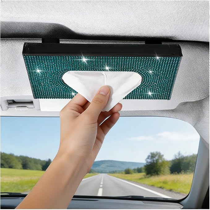 Bling Car Visor Tissue Holder, Shiny Rhinestone Leather Sun Visor Napkin Mask Case Holder Clip, Diamond AUT Paper Tissue Towel Box Dispenser, Universal Fit (Black/Green)