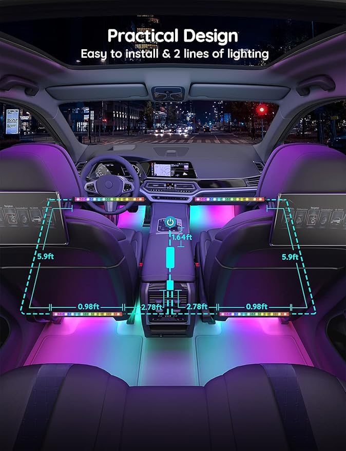 Govee Car LED Strip Lights, Smart RGBIC Interior Car Lights, APP Control | 4 Music Modes and 16 Million Colors, 2 Lines Design LED Lights for Car Decor, DC 12V