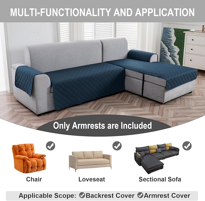 Genina Sofa Armrest Cover, Anti-Slip Armchair Slipcovers for Dogs Cats Pet, Water Resistant Couch Arm Cover for Backrest Recliner Loveseat, L Shaped Sofa, 23.6 x 27.5 Inches（2 Pieces）