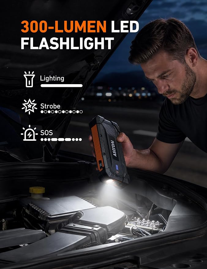 AstroAI S8 Ultra Car Jump Starter, 4000A Safe 12V Battery Booster Pack (All Gas/12L Diesel), Portable Jump Box with Smart Jumper Cables, Type-C/USB, Flashlight, Rugged Protection & Storage Bag, Orange