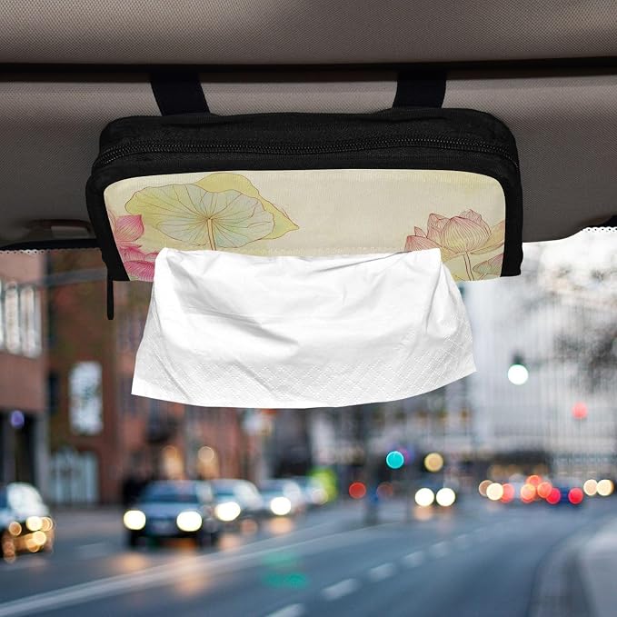 Car Tissue Holder Car Napkin Holder Tissue Box Dispenser Storage Case Sun Visor Mask Holder Accessories with Adjustable Straps Reusable Refillable Dragonfly Lotuses Yellow