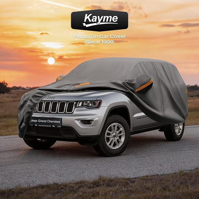 Kayme Heavy Duty SUV Car Cover Custom Fit for Jeep Grand Cherokee 2010-2026, Waterproof All Weather Outdoor Full Protection, UV Sun Rain Resistant with Zipper Door & Windproof Straps.