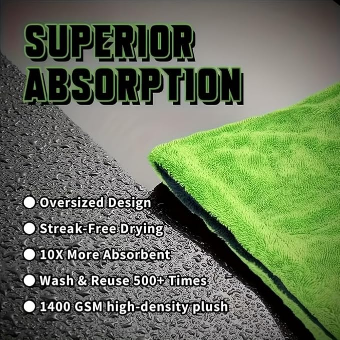 1200GSM Microfiber Car Drying Towel, Double-Twist Loop, Ultra-Absorbent, Quick-Dry, Lint- & Streak-Free, Scratch-Safe, for Car Wash & Detailing (1 Pack) (Dark Grey & Green, 16" x 24")