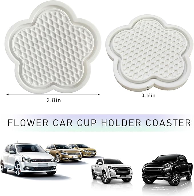 DXNQ 2 PCS Car Cup Coasters, Cute Flower Shaped Car Cup Holder Mat, PVC Waterproof Anti Slip Vehicle Cup Holder Insert Coaster, Universal Car Interior Decor Accessories (White)