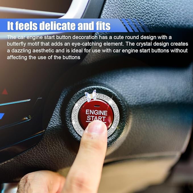 Bling Butterfly Car Engine Push Start Button Ring Sticker (White) | Crystal Rhinestone Auto Key Ignition Knob Ring Emblem, Sparkling Auto Interior Decoration Accessories for Women