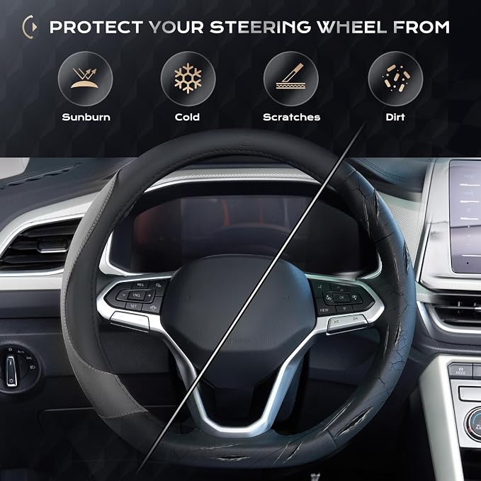 Coverado Car Steering Wheel Cover, Nappa Leather Black & Gray Steering Wheel Covers, Universal 14-15 inch, Anti-Slip, Breathable Steering Wheel Protector for Women Men