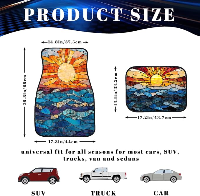 Stained Glass Car Floor Mats Set of 4 Abstract Sunset Ocean Mosaic Art Automotive Car Floor Carpets Non-Slip Auto Car Accessories Universal Fit for Car SUV Truck Van