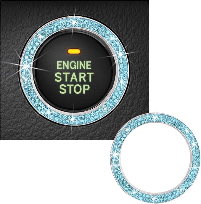 Kewucn Bling Crystal Double Rhinestone Car Engine Start Decoration Ring, Sparkling Push Start Button Sticker, Key Ignition & Knob Ring Decoration, Bling Car Interior Accessory (Lake Blue)
