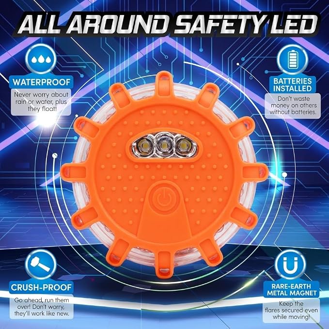 HYUWMXPY 6 Pack LED Road Flares, Emergency Warning Lights with 9 Flash Modes, Magnetic Base and Hook, Waterproof Crush-Resistant Safety Beacons for Car Truck Boat, Batteries Not Included