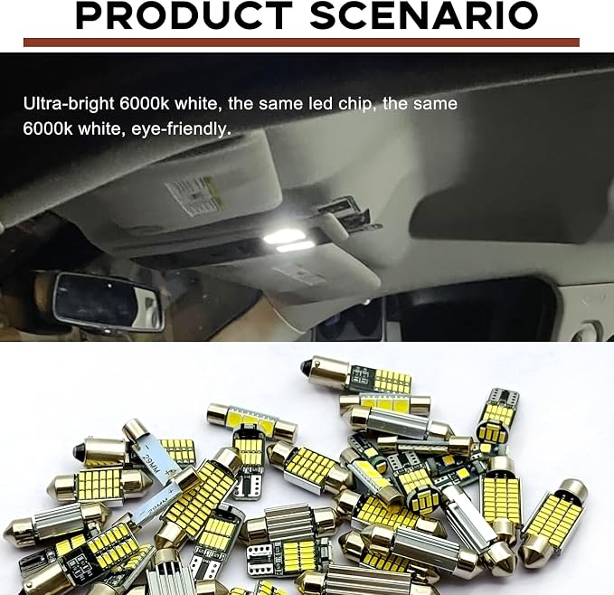 42 Pieces Car LED Dome Interior Light Kits, 28mm/31mm/36mm/41mm/BA9S/T5/T10 Bulb Kit, Car Dome Map Dash Door Trunk Indicator Light Cargo Door Courtesy License Plate (White)