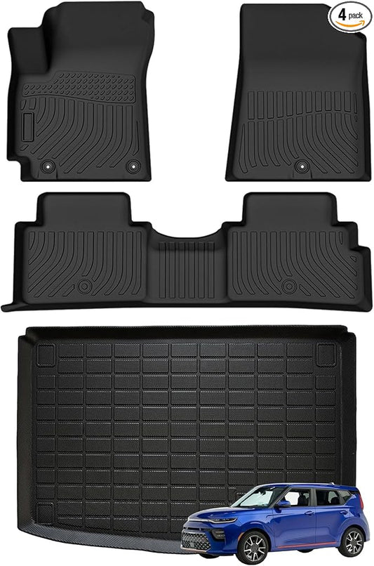 Priprilod Floor Mats & Cargo Liner Custom Fit for Kia Soul 2020-2025(Cargo Floor in Lower Position Only), All Weather TPE Floor Liners Full Set 4PCS Non-Slip Waterproof