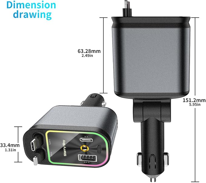 Starlight Retractable Car Charger, Car Phone Charger USB C Fast Charger | EloBeth Car Charger,Cigarette Lighter USB Charger Car Accessories,Road Trip Essentials Gift for Men,for iPhone 17/16,Galaxy