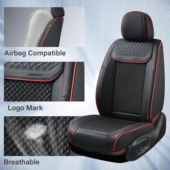 Coverado Leather Seat Covers for Car, Waterproof Car Seat Covers Full Set, 2 in 1 Conversions Car Seat Cover Protector Car Accessories Universal Fit for Most Cars SUVs and Trucks (Black&Red)