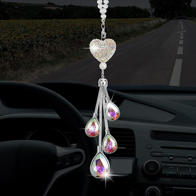 Frienda Bling Car Rear View Mirror Accessories for Women Gift Cute Heart Crystal Hanging Charm Diamond Decoration Lucky Interior Ornament Pendant(9.8 Inch,AB Color)
