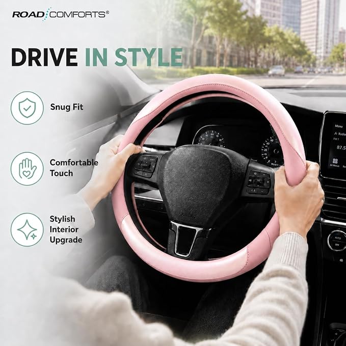 Road Comforts Steering Wheel Cover – Breathable Leather Steering Wheel Cover, Anti-Slip Grip, Universal Fit 14.5” to 15”, Heat & Cold Resistant for Cars, SUVs, and Trucks – Shining Pink & Pink