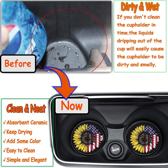 Sunflower & USA Flag 2.56" Car Coasters 2-Pack - Absorbent Ceramic Auto Coasters for Cup Holders, Keeps Your Car Clean & Dry