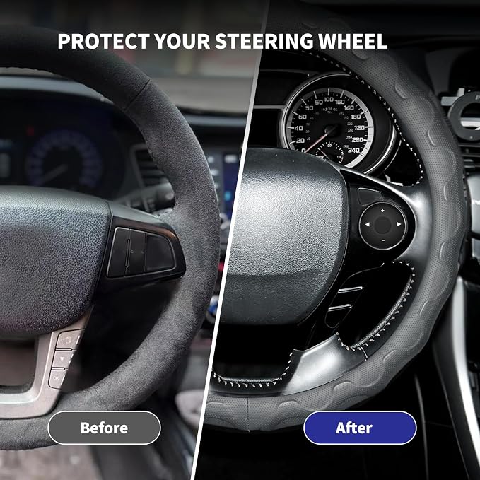 Steering Wheel Cover with Anti-Slip Leather Grip Compatible with Ford, Toyota, Honda, Nissan, and Chevrolet Vehicles for 14.5-15.35 inch Round Steering Wheels Universal Car Accessories
