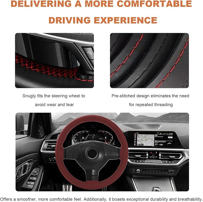 Genuine Leather Steering Wheel Cover, 15 Inch Stitch on Wheel Wrap with Needles & Threads, Breathable Steering Wheel Protector DIY Sewing Wrap for Car Truck SUV (Wine Red, Glossy)